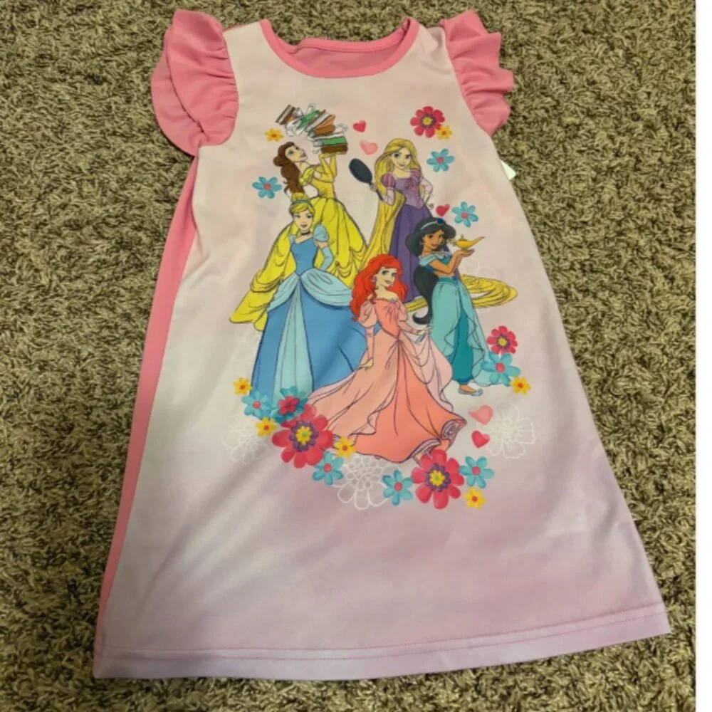 Disney Princess Nightgown 4 Pink Ariel Rapunzel Jasmine Belle Cinderella Ruffle - Picture 1 of 3